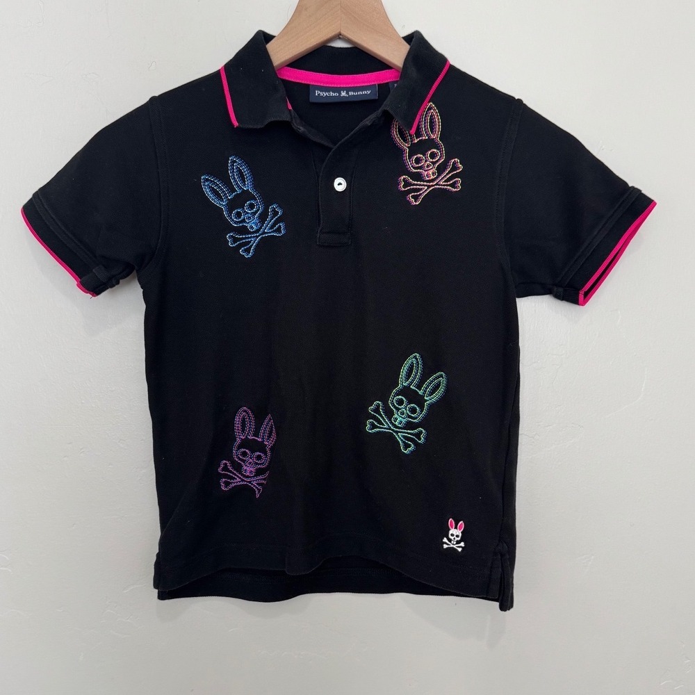 Psycho Bunny Chicago All Over Bunny Polo Kids S 7-8 Black Neon Pima Cotton Y2K